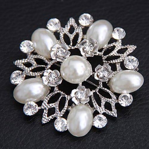 JADE Olines Brooches Silver Plated Flashing Clear Rhinestones Crystals White Pearls Flower Branch Leaves Brooches Pin Clips