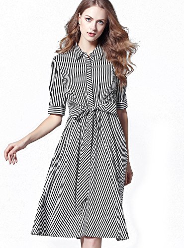 (a la mode)アラモード 大人 エレガント 高級 ストライプ Aライン リボン シャツワンピース レディース 半袖 お呼ばれ 108013
