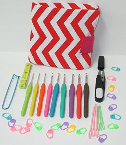 39 Piece Ergonomic Crochet Hook Kit Set - With Organizer Case / Accessories / Crochet Kit (Red Zig Zag)