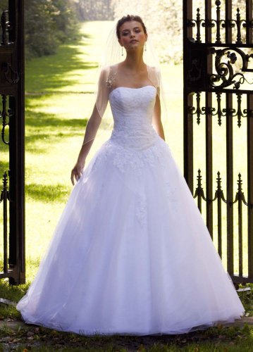 David’s Bridal Wedding Dress: Strapless Tulle Ball Gown with Lace Embellishments Style WG3316