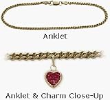 10 Karat Yellow Gold 10 Curb Style Red Stone Heart Charm Anklet
