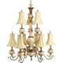 Progress Lighting P4555-106 Nine-Light, Two-Tier Chandelier with Porcelain Columns and Belgian Silk Shades, Vintage Brass