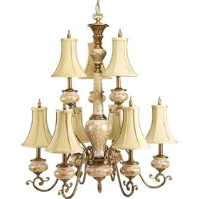 Progress Lighting P4555-106 Nine-Light, Two-Tier Chandelier with Porcelain Columns and Belgian Silk Shades, Vintage Brass