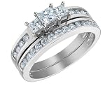 Princess Cut Three Stone Diamond Engagement Ring & Wedding Band Set 1.0 Carat (ctw) in 14K White Gold