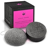 Facial Konjac Sponge + Charcoal Soap with Jojoba & Rosehip Essential Oils in Gift Box ♥ With Activated Bamboo Charcoal ♥ Deep Cleansing ♥ Gentle Exfoliation ♥ 100% Natural ♥ Money Back Guarantee