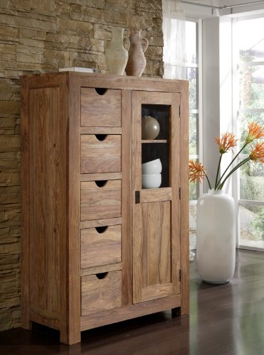 YOGA Brotschrank 1 Tür 5 Schübe Vitrine Sheesham Natur by Wolf