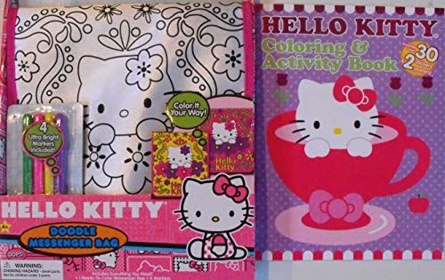 Bundle-Hello Kitty Fabric Doodle Messenger Bag with 4 Ultra Bright Markers. Plus Hello Kitty 24 Page Coloring and Activity Book with 30 Stickers and 2 Pull-Out Posters