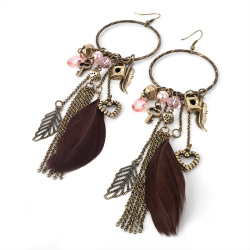 Long Burn Gold Tone Hoop Feather Chains and Charms Fashion Earrings