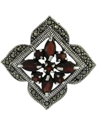 Sterling Silver Marcasite Clover Brooch Pin w/ Round & Marquise Cut Garnet Stones, 1 1/2 in. (38mm) tall