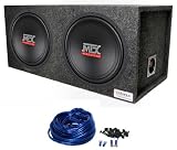 Package: (2) MTX Terminator Series TN12-02 12 800 Watts Peak / 400 Watts RMS 2 Ohm Car Audio Subwoofers + Atrend E12D Dual 10 MDF Vented Subwoofer Enclosure + Dual Enclosure Wiring Kit With 14 Gauge Speaker Wire + Screws + Spade Terminals