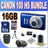 Canon PowerShot ELPH 100 HS 12.1 MP Digital Camera (Blue) W/16GB SDHC Memory + Extended Life Battery + Ac/Dc Charger + USB Card Reader + Shock Proof Case w/Strap + Mini Tripod + Accessory Saver Bundle!