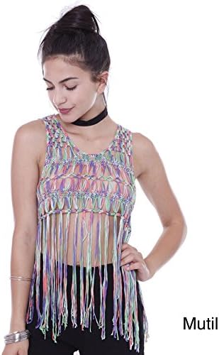 MMSC046 Colorful Crochet Design Crop Top Junior's Clothing,MULTI,M