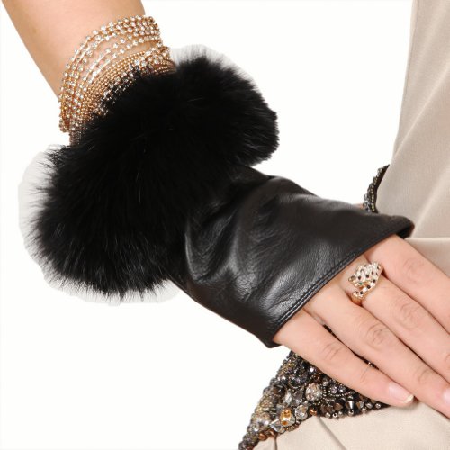 Warmen Women's Lambskin Leather Fingerless with Rabbit Fur Trim