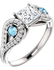 14K White Gold Round Cut Diamond and Aquamarine Ring -- LIFETIME WARRANTY