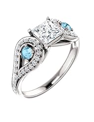 18K White Gold Princess Cut Diamond and Aquamarine Ring -- LIFETIME WARRANTY