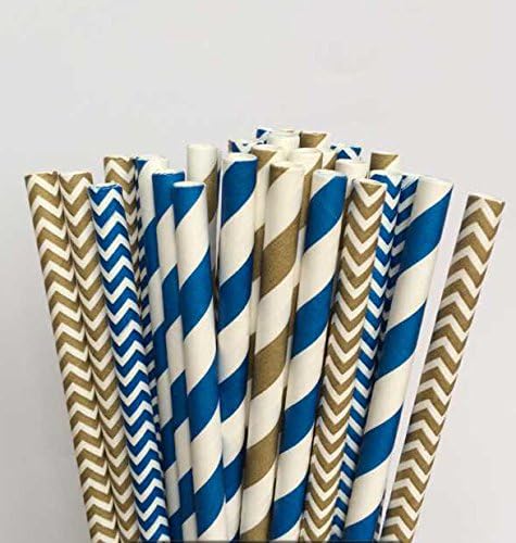 Heart Love 100 Pack Paper Straws-Navy Blue and Gold Stripe and Chevron