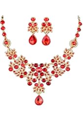 HeroNeo&reg; Silver Red Alloy Rhinestone Earrings Crystal Pendant Necklace Bridal Jewelry Set