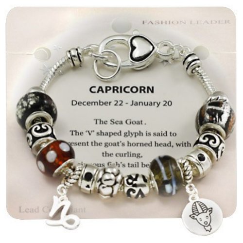 Pandora Style Silvertone Zodiac Theme "Capricorn" Multi Bead Astrology Horoscope Theme Lobster Clasp Bracelet W/Charms