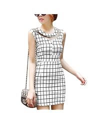 Cotton/Polyester Plaid Print Sleeveless Mesh Round Neck  Dress