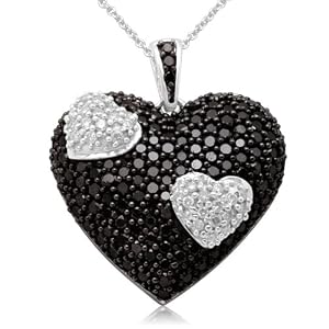 10k White Gold Black & White Heart Diamond Pendant On Sale