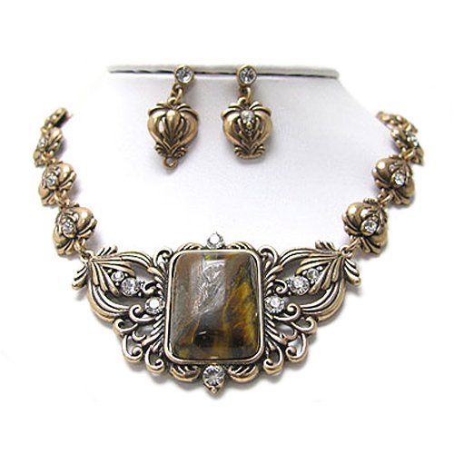 Natural Brown Stone Boutique Style Crystal Decorated Necklace and Earrings Set Fashion Jewelry
