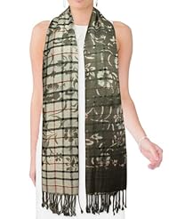 Apparel: Viscose Cross Stripes Swing Vine Flower Imprint Long Scarf Shawl - Gray