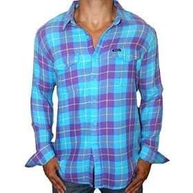 LRG Lifted Research Group Mens Plaid Long Sleeve Button Down Shirt Carribean Blue