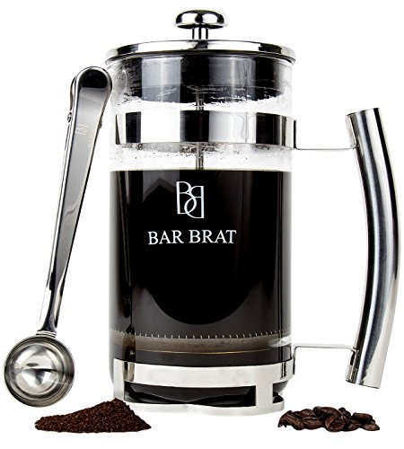 French Press Coffee Maker Premium by Bar Brat (Bonus Coffee Spoon Included) / Made Of 34 oz. Stainless Steel / Perfect For Coffees & Teas / Makes 8 Delicious Cups / 110 Cocktail Recipe Ebook Included