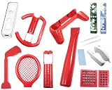 iTALKonline EXCLUSIVE RED 15 in 1 Sports Pack (Tennis Racket, Golf Club, Baseball Bat, Wii Remote Holder, Nunchuk Crystal Case, Games Controller Grip, Steering Wheel, Silicone Case, Strips, Cleaning cloth) For Nintendo Wii / Wiimote