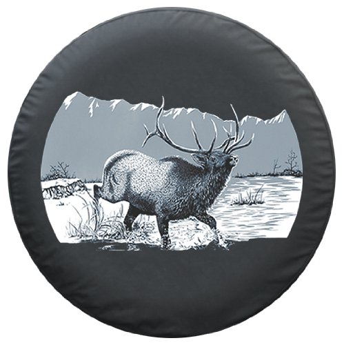 26" Elk Spare Tire Cover - Boomerang Wildlife Series - Premium Quality Soft Cover made with Haartz® Black Denim Vinyl