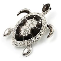 Large Enamel Crystal Turtle Brooch (Silver Tone)