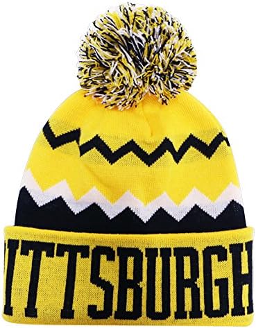 Pittsburgh Chevron Zigzag Cuffed, Knitted 13" Winter Toboggan Hat Cap with Pom Gold/Black