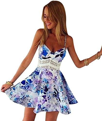 Chicnova Women's Summer Spaghetti Strap Backless Floral Printed Skater Short Dress
