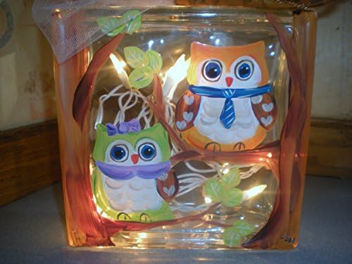 Hand painted 8 x 8 lighted glass block. Painted in a pair of cute owls perched in a tree. Finished off with a bow and string of lights.