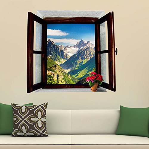 DNVEN 27 inches x 18 inches 3D Full Color High Definition Blue Sky Mountains Scenery Wood Faux Window Frame Window Bedroom Living Room Playroom Decals
