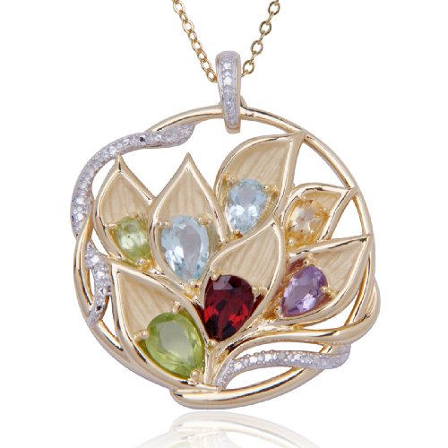 18k Yellow Gold Plated Sterling Silver Multi-Gemstone and Diamond Flower Pendant, 18