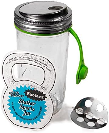 Shaker Sports Jar with NEW ShakerBlade. All Glass and Stainless Sports Container by EcoJarz (Lime Green, 24oz)