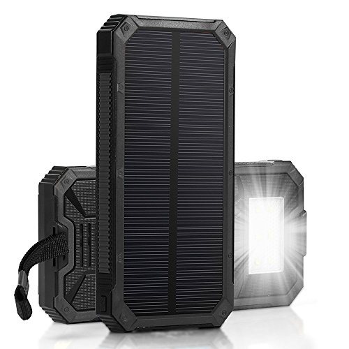 [15000mah Solar Panel Charger with 6LED Flashlight] Hallomall Portable Phone Charger Backup Power Pack, Dual USB Port External Battery Charger for Smart phones Camera and Other 5V USB Devices (black)