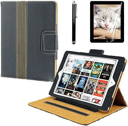 iPad Air Case, Apple iPad Air Ovis Wood Pattern Smart Hard Shockproof Cover Case in Leather with Swivel Stand For Apple iPad Air (Espresso and Gray)
