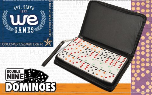 Childrens Toyshop  Toys : DOUBLE 9 Dominoes White tiles with colored dots, black vinyl zipper case with strap