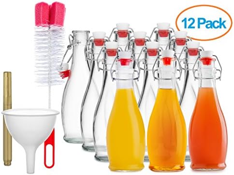Dinercap 11.8 oz 12 Pack Clear Glass Beverage Bottle &amp; Bundle With Stopper | Funnel | Bottle Brush and Glass Marker