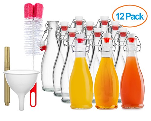 Dinercap 11.8 oz 12 Pack Clear Glass Beverage Bottle &amp; Bundle With Stopper | Funnel | Bottle Brush and Glass Marker