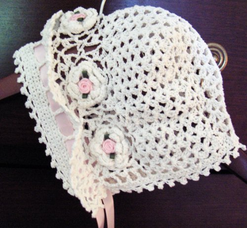 Hand Crocheted Baby Bonnet Hat Cap Christening
