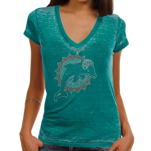 NFL Women's Miami Dolphins Fade Route Low V-Neck In Overdyed Team Colors (Aqua, Medium)