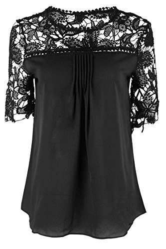 Manzocha Women's Lace Chiffon T Shirt Stitching Blouse Hollow Out Tops