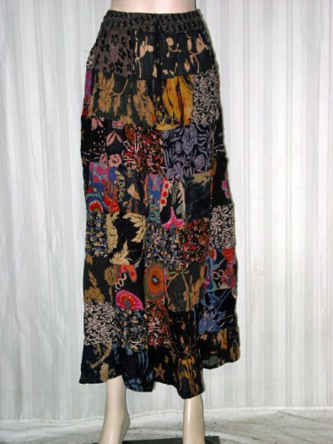 Gift Idea- Womens New Bollywood Trendy Funky Hippie Black with Multi Color Patchwork Floral Print Skirts 38