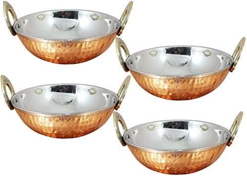 Set of 4, YourEshop Indian Copper Serveware Karahi Vegetable Dinner Bowl with Handle for Indian Food, Diameter 6 Inches