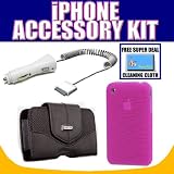 Pink Silicone Skin for Apple iPhone 3G and 3GS, Leather Magnetic Pouch and Platinum Car Charger with Exclusive FREE Complimentary Super Deal Micro Fiber Cleaning Cloth