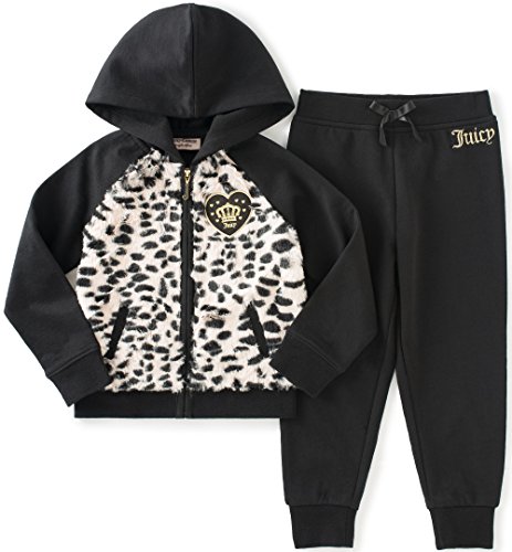 Juicy Couture Little Girls' Toddler 2 Piece Fleece Hooded Jacket with Faux Fur and Pant Set , Black, 3T