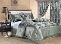 7 Pieces Sage Green, Black, and Grey Jacquard Lily with Leaf Comforter Set Bed-in-a-bag Queen Size Bedding